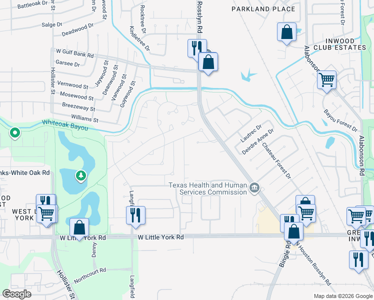 map of restaurants, bars, coffee shops, grocery stores, and more near 9015 Stone Brook Lane in Houston