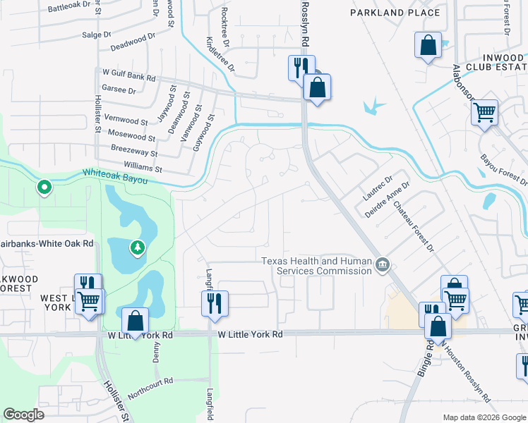 map of restaurants, bars, coffee shops, grocery stores, and more near 9101 Landwood Drive in Houston
