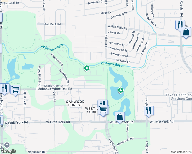 map of restaurants, bars, coffee shops, grocery stores, and more near 9103 Loren Lane in Houston