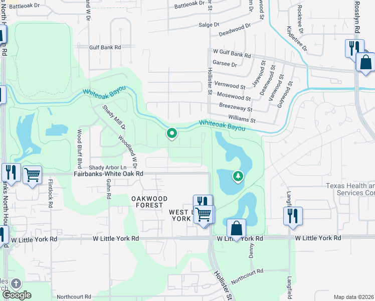 map of restaurants, bars, coffee shops, grocery stores, and more near 9102 Long Barrel Lane in Houston