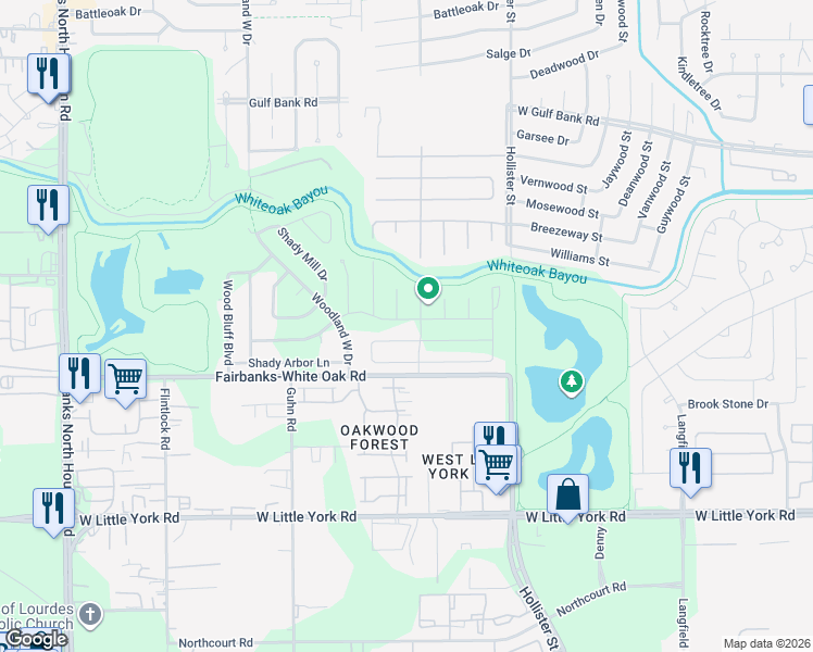 map of restaurants, bars, coffee shops, grocery stores, and more near 9103 Woodland Oaks Drive in Houston