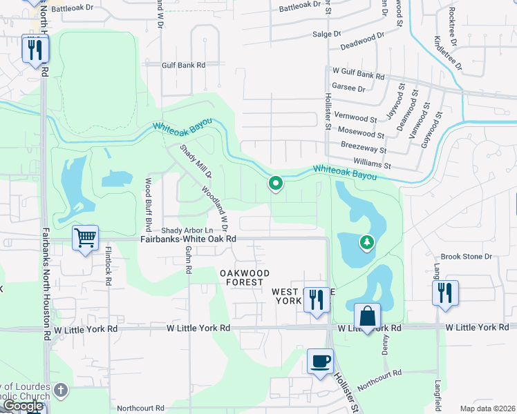 map of restaurants, bars, coffee shops, grocery stores, and more near 9103 Woodland Oaks Drive in Houston