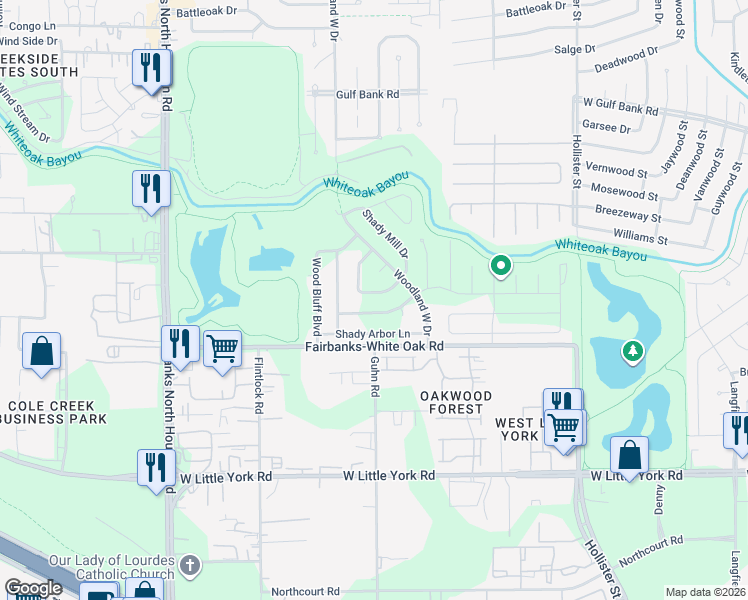 map of restaurants, bars, coffee shops, grocery stores, and more near 8102 Wood Canyon Drive in Houston