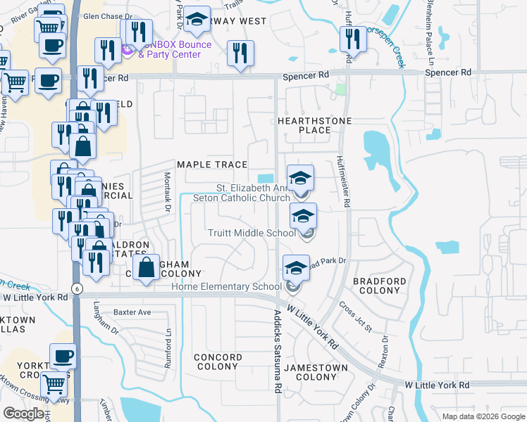 map of restaurants, bars, coffee shops, grocery stores, and more near 6618 Readsland Lane in Houston