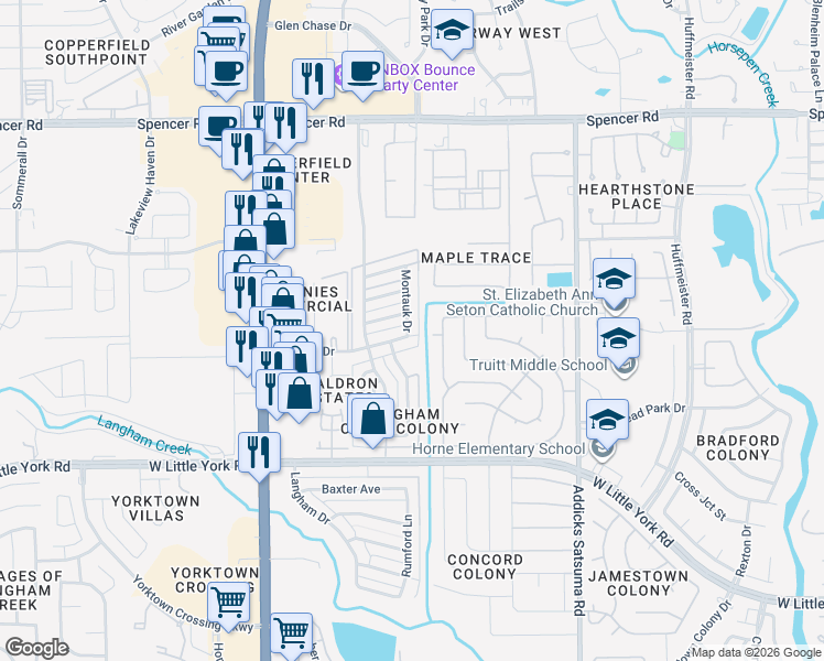 map of restaurants, bars, coffee shops, grocery stores, and more near 15307 Bellport Drive in Houston