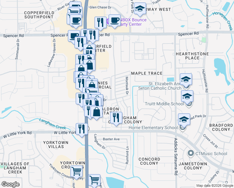 map of restaurants, bars, coffee shops, grocery stores, and more near 6623 Kentwick Drive in Houston