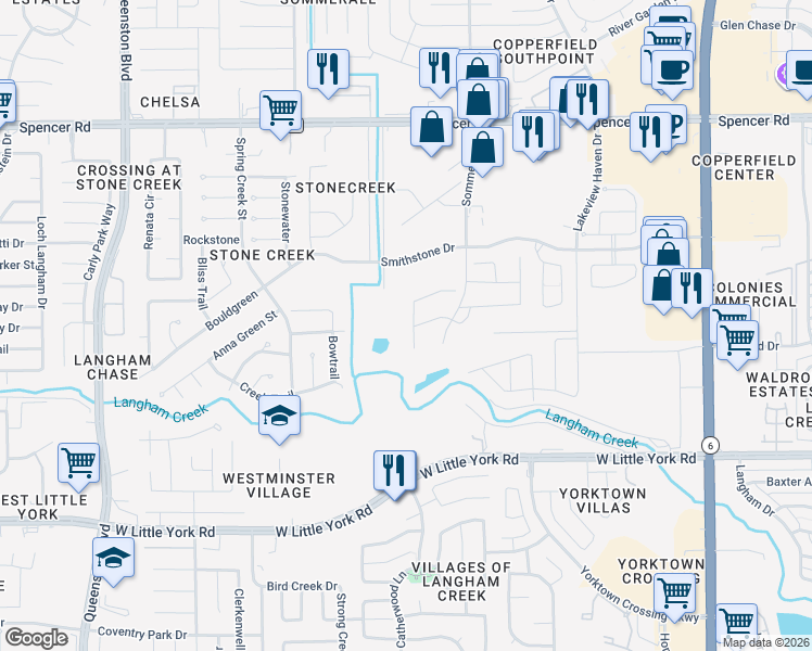 map of restaurants, bars, coffee shops, grocery stores, and more near 16326 Brookside Willow Lane in Houston