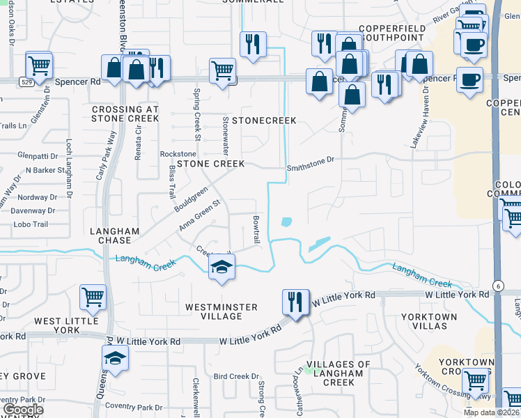 map of restaurants, bars, coffee shops, grocery stores, and more near 6514 Bowtrail in Houston