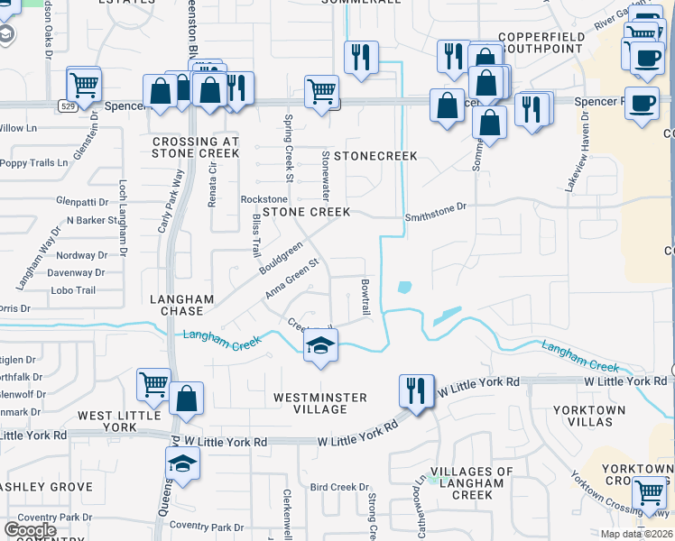 map of restaurants, bars, coffee shops, grocery stores, and more near 16623 Stonerun in Houston