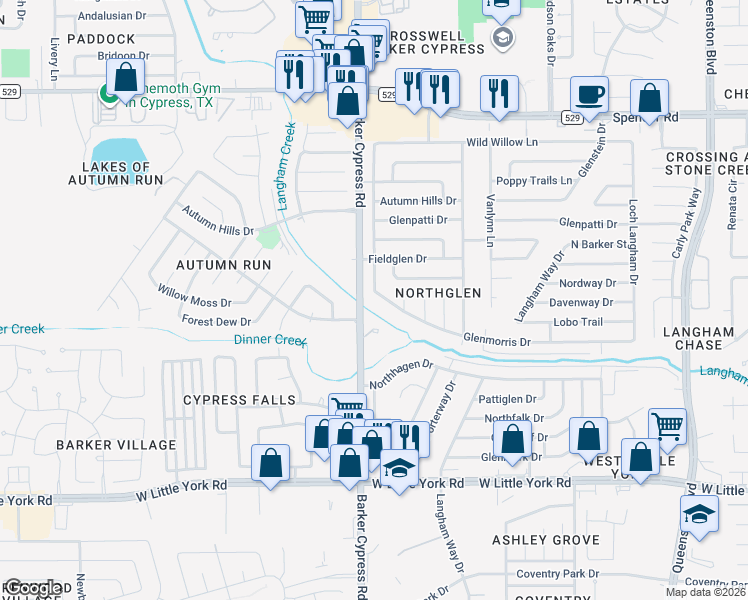 map of restaurants, bars, coffee shops, grocery stores, and more near 17910 Glenmorris Drive in Houston