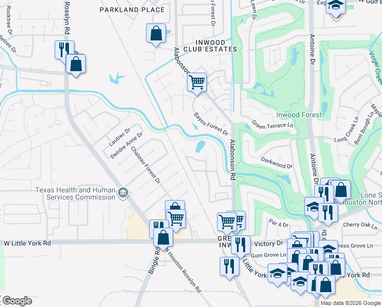 map of restaurants, bars, coffee shops, grocery stores, and more near 6222 Lonesome Bayou Lane in Houston