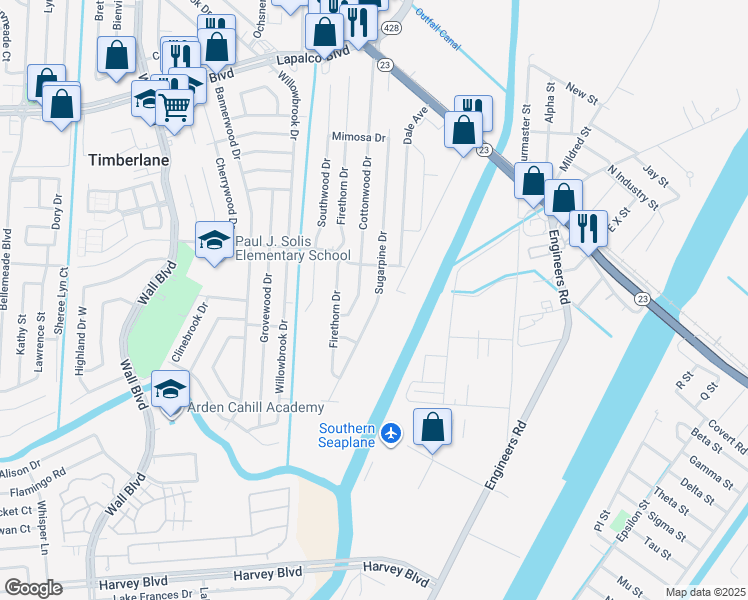 map of restaurants, bars, coffee shops, grocery stores, and more near 324 Sugarpine Drive in Gretna
