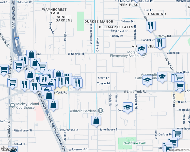 map of restaurants, bars, coffee shops, grocery stores, and more near 7558 Meadowshire Street in Houston