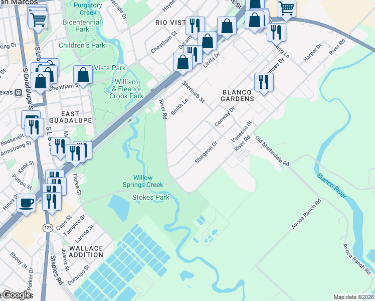 map of restaurants, bars, coffee shops, grocery stores, and more near 612 Barbara Drive in San Marcos
