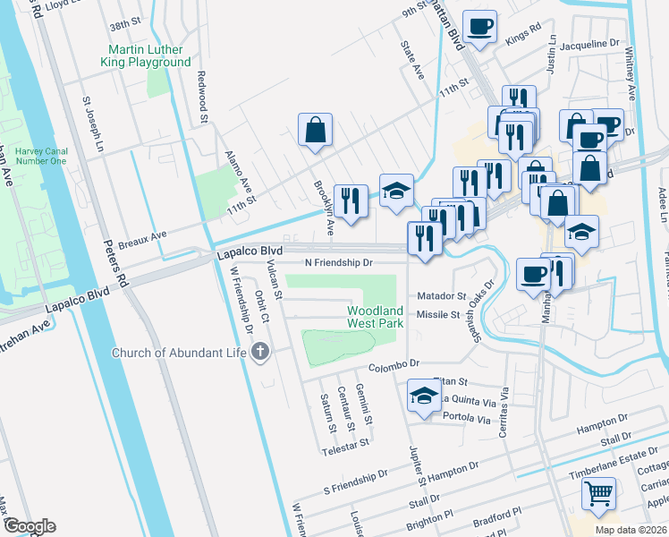 map of restaurants, bars, coffee shops, grocery stores, and more near 2244 North Friendship Drive in Harvey
