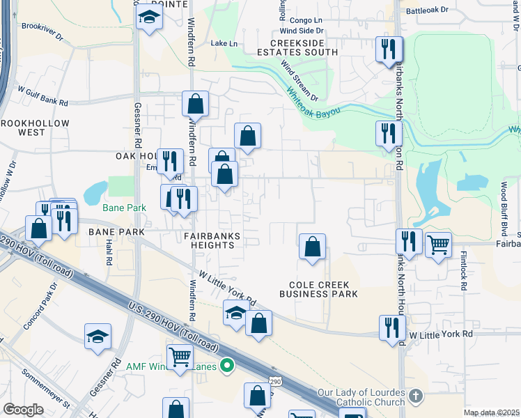 map of restaurants, bars, coffee shops, grocery stores, and more near 7015 Lou Anna Street in Houston