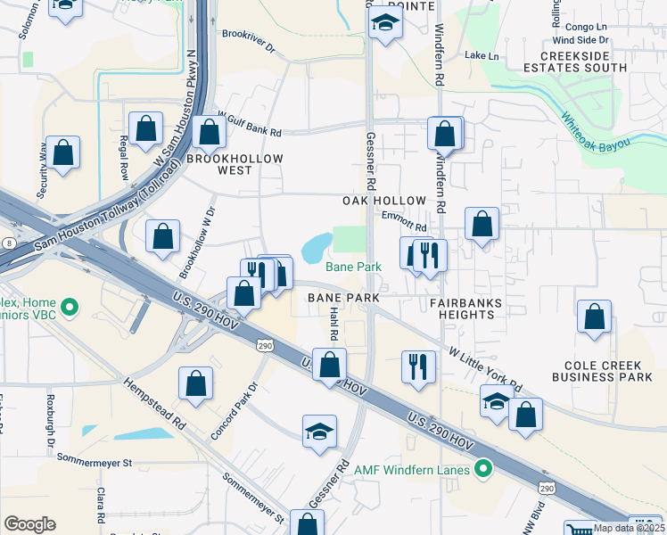 map of restaurants, bars, coffee shops, grocery stores, and more near Gessner Road in Houston