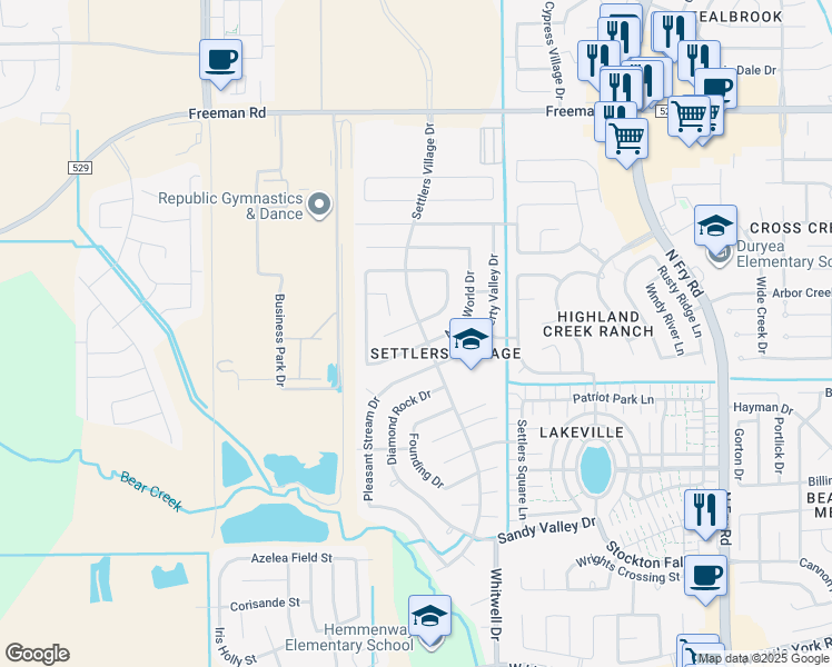 map of restaurants, bars, coffee shops, grocery stores, and more near 6503 Settlers Village Drive in Katy