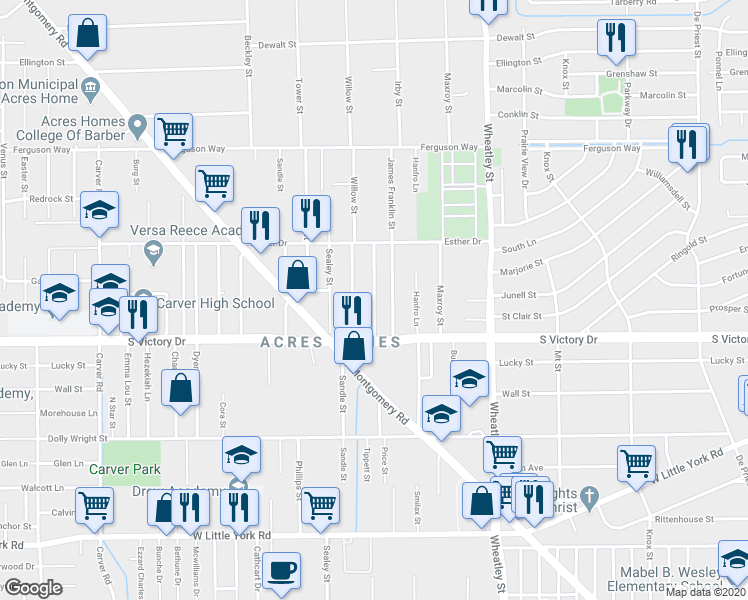 map of restaurants, bars, coffee shops, grocery stores, and more near 7819 Virgil Street in Houston