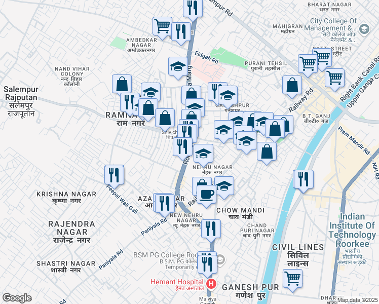 map of restaurants, bars, coffee shops, grocery stores, and more near Dehradun Road in Roorkee