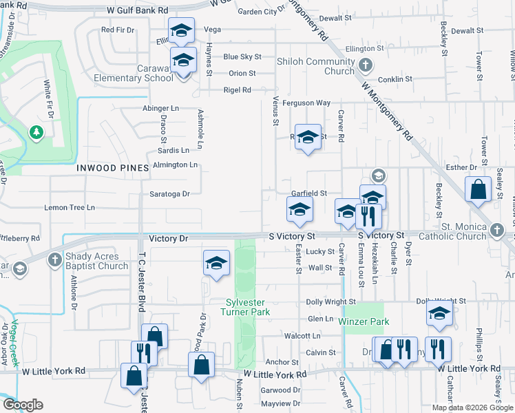 map of restaurants, bars, coffee shops, grocery stores, and more near 7907 Sunnyhill Street in Houston