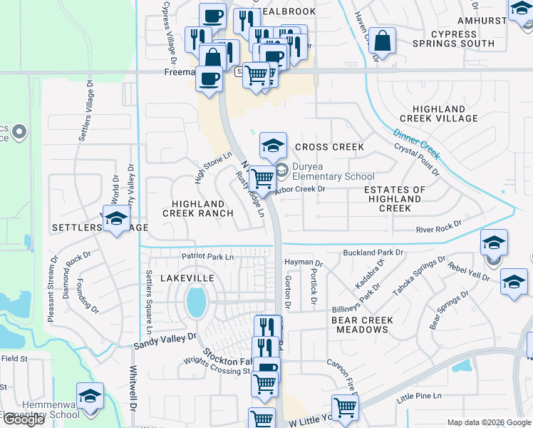 map of restaurants, bars, coffee shops, grocery stores, and more near 6646 Rusty Ridge Lane in Katy