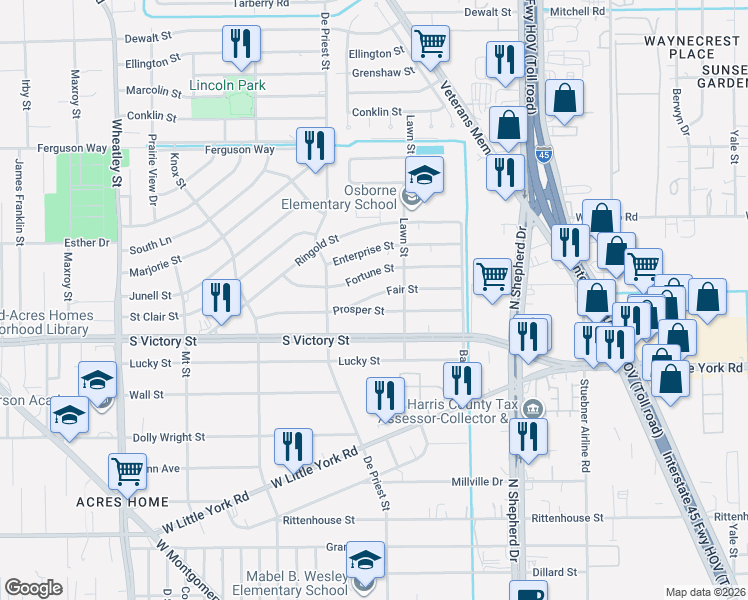 map of restaurants, bars, coffee shops, grocery stores, and more near 809 Fair Street in Houston