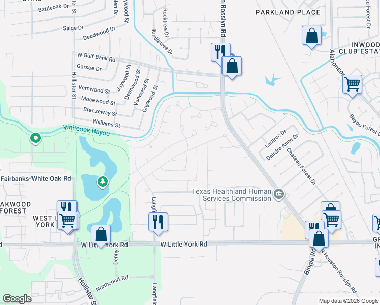 map of restaurants, bars, coffee shops, grocery stores, and more near 9101 Landwood Drive in Houston