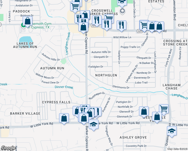 map of restaurants, bars, coffee shops, grocery stores, and more near 17910 Glenmorris Drive in Houston