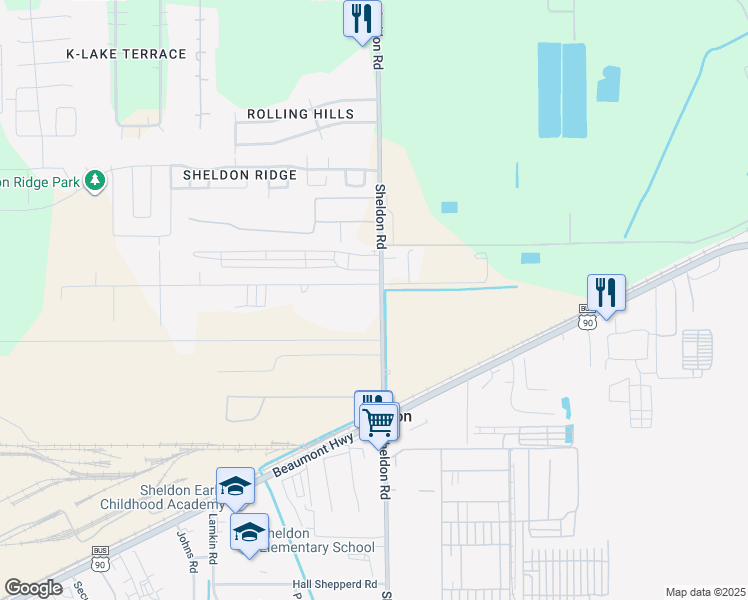 map of restaurants, bars, coffee shops, grocery stores, and more near 10809 Sheldon Road in Houston