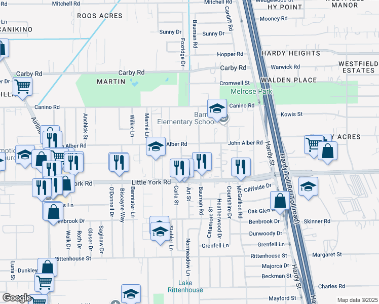 map of restaurants, bars, coffee shops, grocery stores, and more near 11746 Art Street in Houston