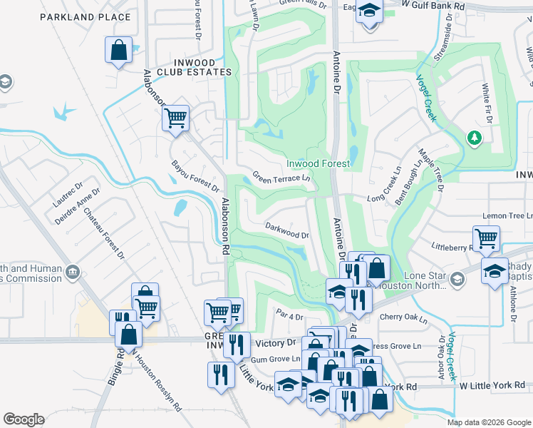 map of restaurants, bars, coffee shops, grocery stores, and more near 5942 Bent Bough Lane in Houston