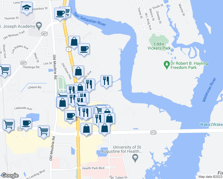 map of restaurants, bars, coffee shops, grocery stores, and more near 200 Nix Boat Yard Road in St. Augustine