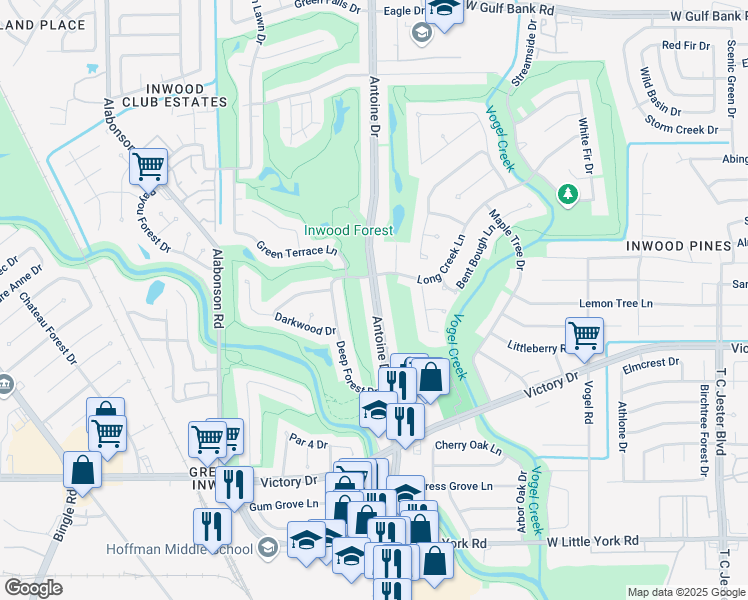 map of restaurants, bars, coffee shops, grocery stores, and more near Antoine Drive in Harris County