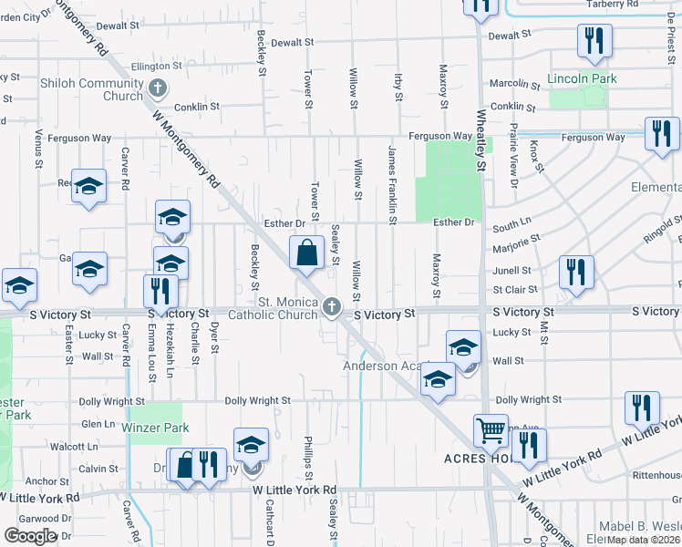 map of restaurants, bars, coffee shops, grocery stores, and more near 8000 Sealey Street in Houston