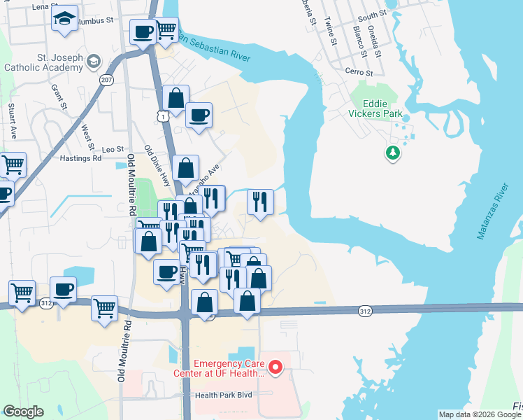 map of restaurants, bars, coffee shops, grocery stores, and more near 200 Nix Boat Yard Road in St. Augustine