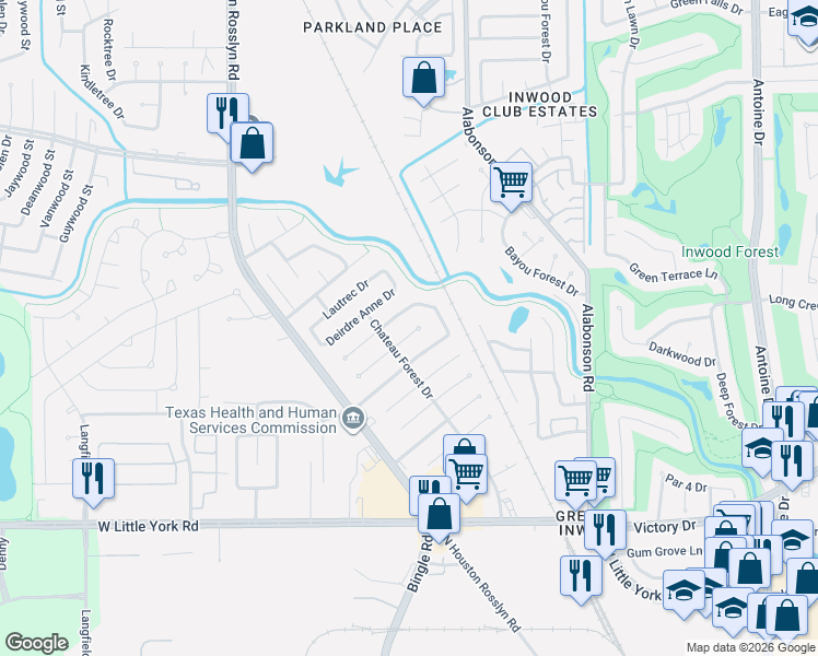 map of restaurants, bars, coffee shops, grocery stores, and more near 6302 Silver Chalice Drive in Houston