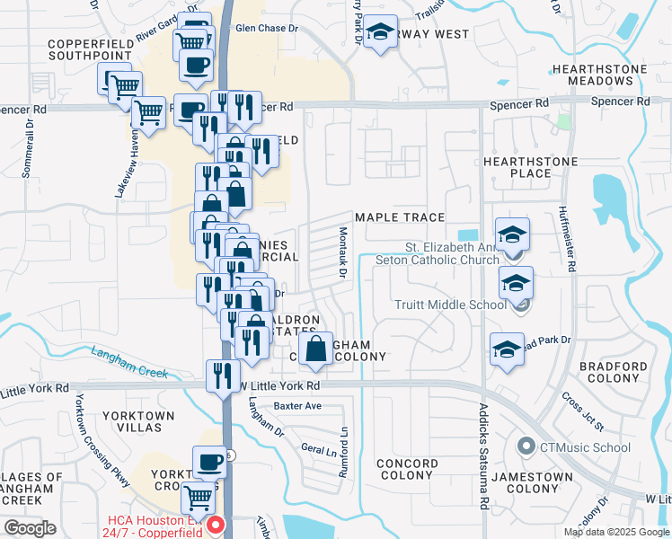 map of restaurants, bars, coffee shops, grocery stores, and more near 15307 Bellport Drive in Houston