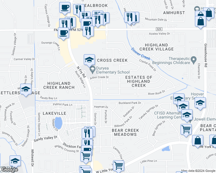 map of restaurants, bars, coffee shops, grocery stores, and more near 20034 Mason Creek Drive in Katy