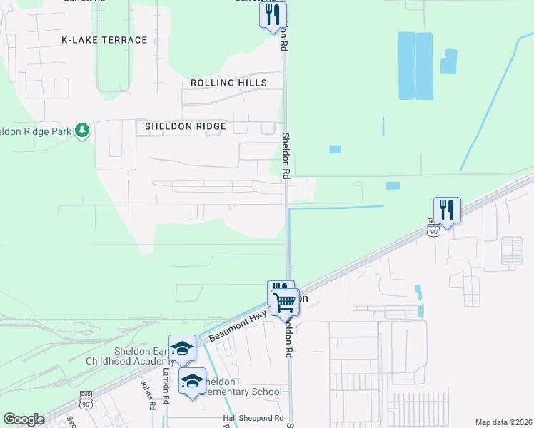 map of restaurants, bars, coffee shops, grocery stores, and more near 10809 Sheldon Road in Houston