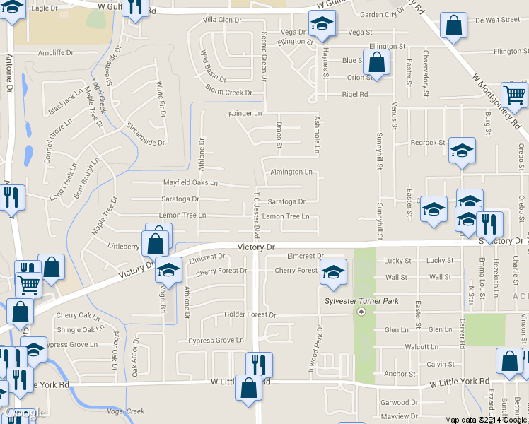 map of restaurants, bars, coffee shops, grocery stores, and more near 3622 Lemon Tree Lane in Houston