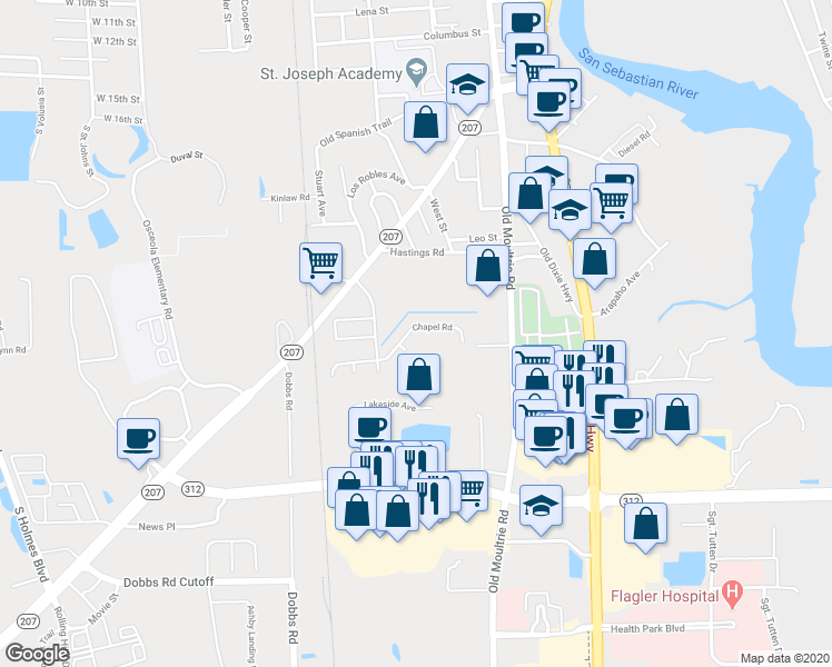 map of restaurants, bars, coffee shops, grocery stores, and more near 302 Chapel Road in St. Augustine