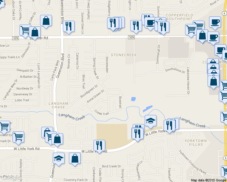 map of restaurants, bars, coffee shops, grocery stores, and more near 16623 Stonerun in Houston
