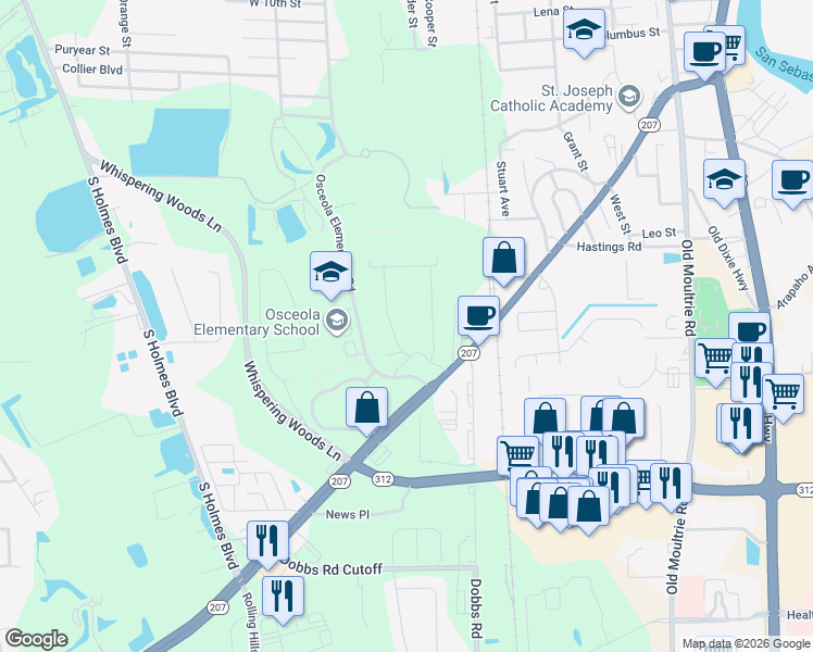 map of restaurants, bars, coffee shops, grocery stores, and more near 800 Whispering Circle in St. Augustine