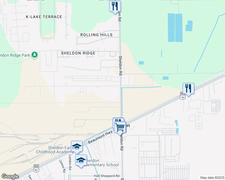 map of restaurants, bars, coffee shops, grocery stores, and more near 10809 Sheldon Road in Houston