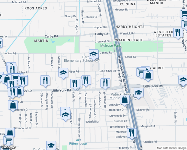 map of restaurants, bars, coffee shops, grocery stores, and more near 11820 Cardiff Road in Houston