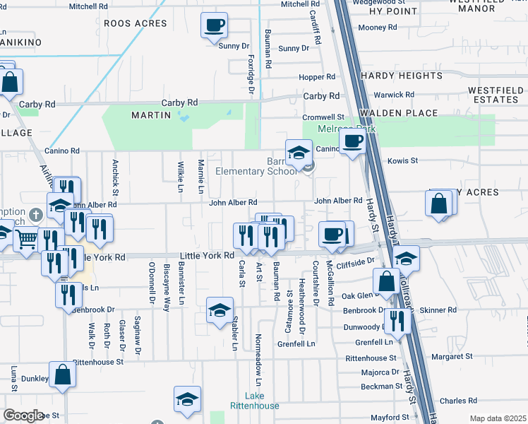 map of restaurants, bars, coffee shops, grocery stores, and more near 11746 Art Street in Houston