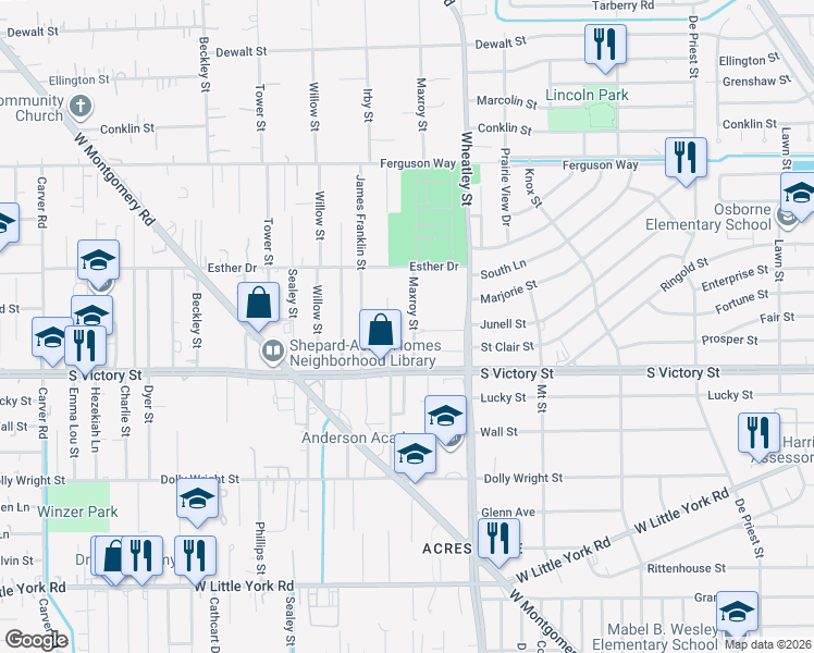 map of restaurants, bars, coffee shops, grocery stores, and more near 7822 Maxroy Street in Houston