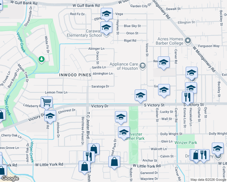 map of restaurants, bars, coffee shops, grocery stores, and more near 3410 Lemon Tree Lane in Houston