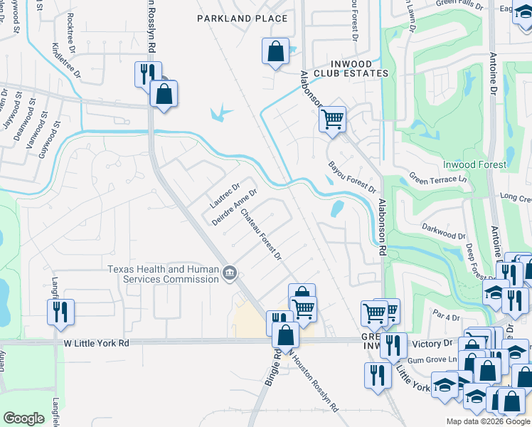 map of restaurants, bars, coffee shops, grocery stores, and more near 6302 Silver Chalice Drive in Houston